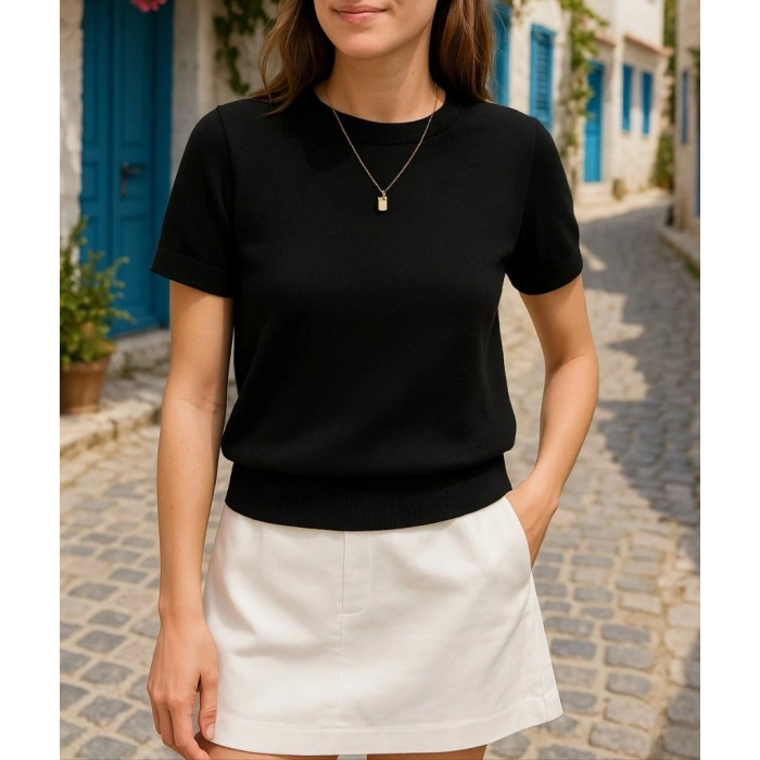 Kadın Kısa Kollu Bisiklet Yaka Triko Bluz