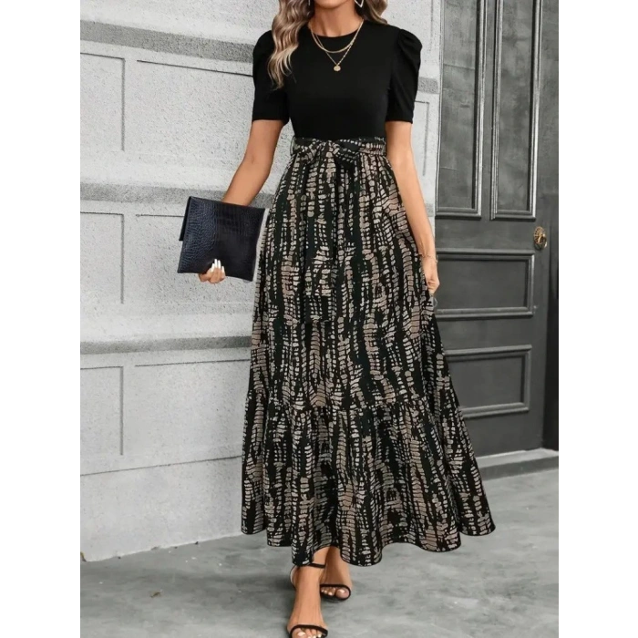 Kadın Kısa Kollu Bisiklet Yaka üst Ithal Krep Alt Süprem Maksi Boy Elbise