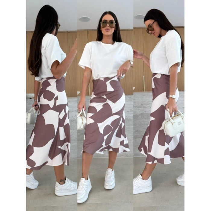 Kadın Kısa Kollu Bisiklet Yaka Viskon Bluz Ve Desenli Süprem Etek Ikili Takım