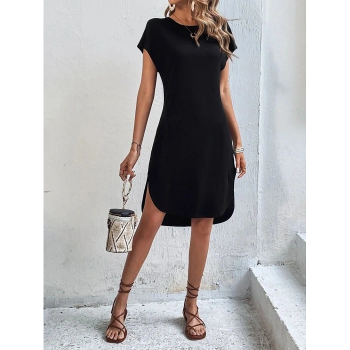 Kadın Kısa Kollu Bisiklet Yaka Viskon Iki Iplik Elbise