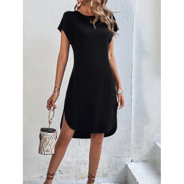 Kadın Kısa Kollu Bisiklet Yaka Viskon Iki Iplik Elbise