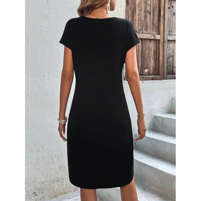 Kadın Kısa Kollu Bisiklet Yaka Viskon Iki Iplik Elbise