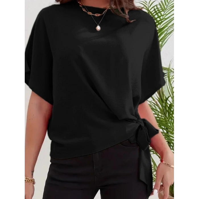 Kadın Kısa Kollu Bisiklet Yaka Yandan Bağlamalı Aerobin Bluz