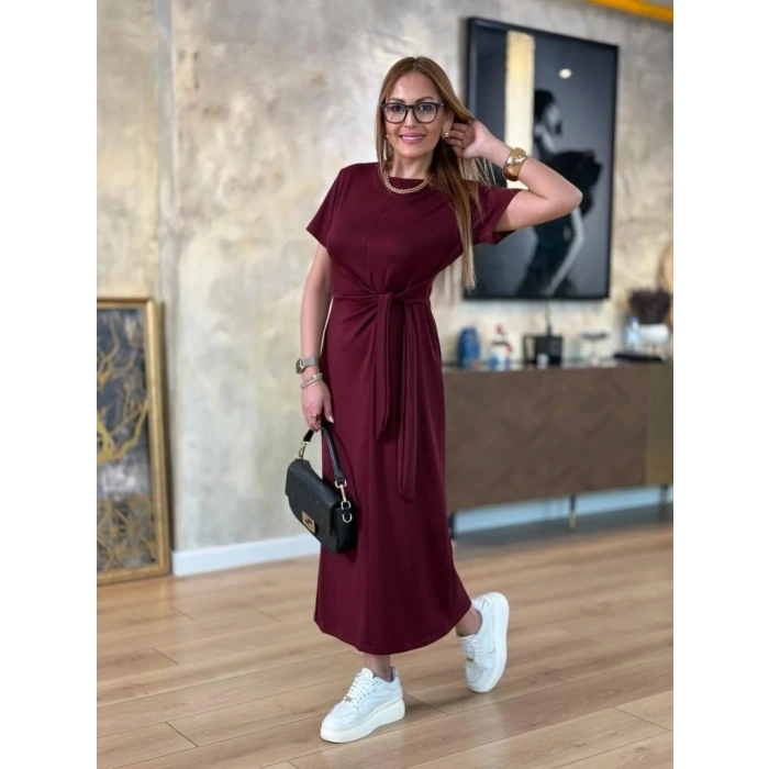 Kadın Kısa Kollu Bisiklet Yaka Yandan Bağlamalı Viskon Iki Iplik Elbise