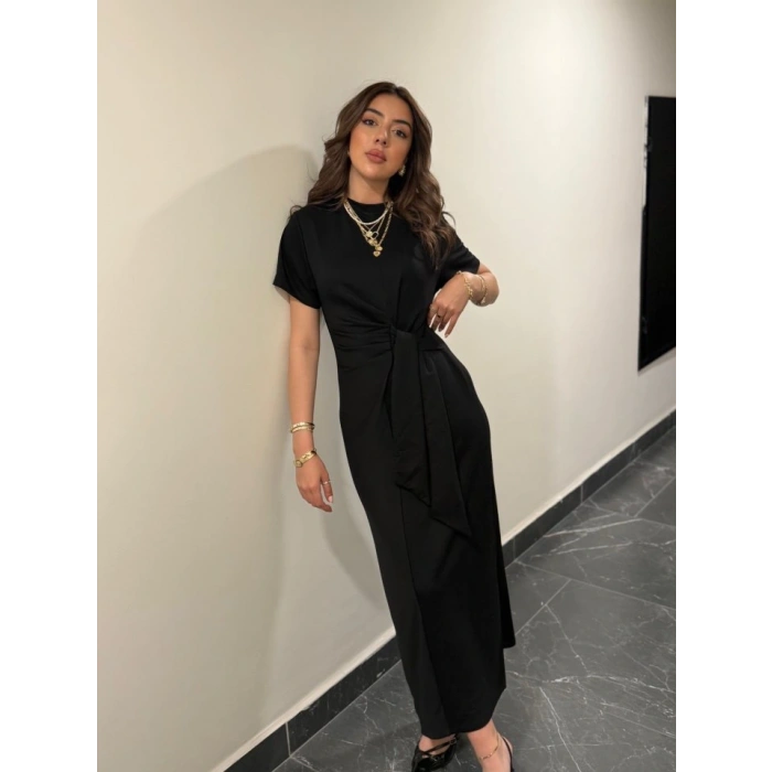 Kadın Kısa Kollu Bisiklet Yaka Yandan Bağlamalı Viskon Iki Iplik Elbise