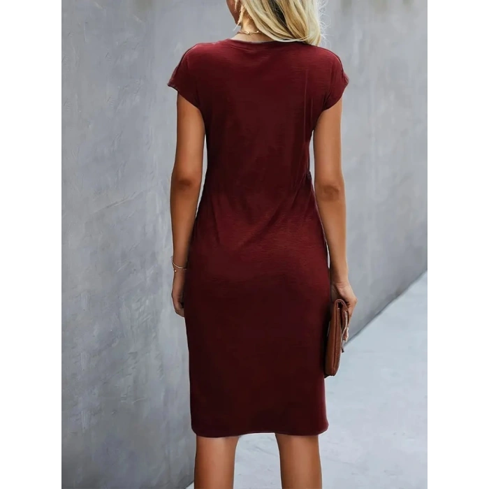 Kadın Kısa Kollu Bisiklet Yaka Yandan Büzgülü Midi Viskon Elbise