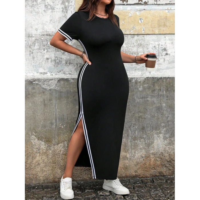 Kadın Kısa Kollu Bisiklet Yaka Yandan şerit Ve Yırtmaçlı Viskon Iki Iplik Elbise