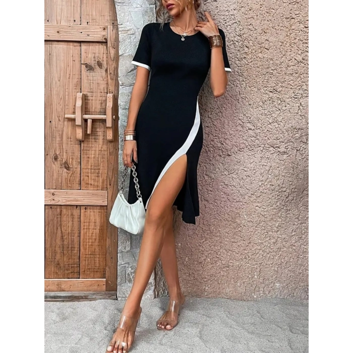 Kadın Kısa Kollu Bisiklet Yaka Yandan Yırtmaçlı Renkli şerit Detay Janjan Krep Elbise