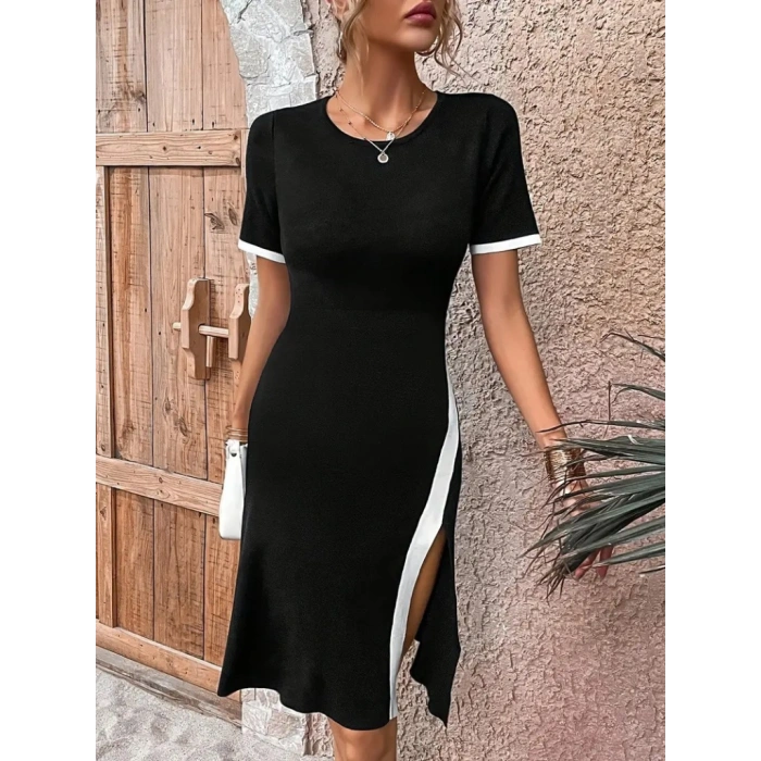 Kadın Kısa Kollu Bisiklet Yaka Yandan Yırtmaçlı Renkli şerit Detay Janjan Krep Elbise