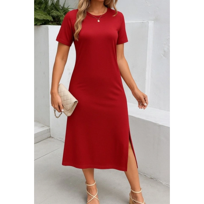 Kadın Kısa Kollu Bisiklet Yaka Yandan Yırtmaçlı Viskon Elbise