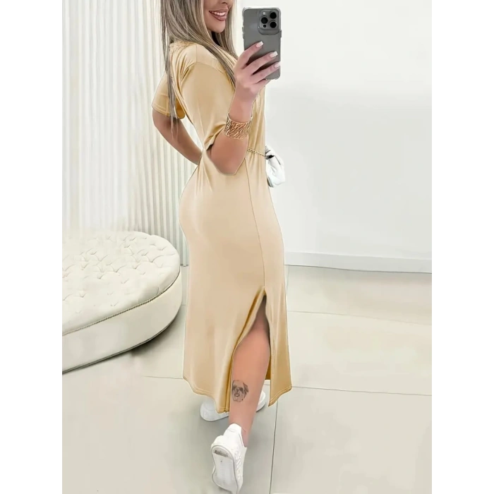 Kadın Kısa Kollu Bisiklet Yaka Yandan Yırtmaçlı Viskon Elbise