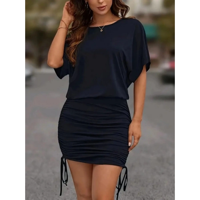 Kadın Kısa Kollu Bisiklet Yaka Yanlardan Büzgülü Kısa Viskon Elbise