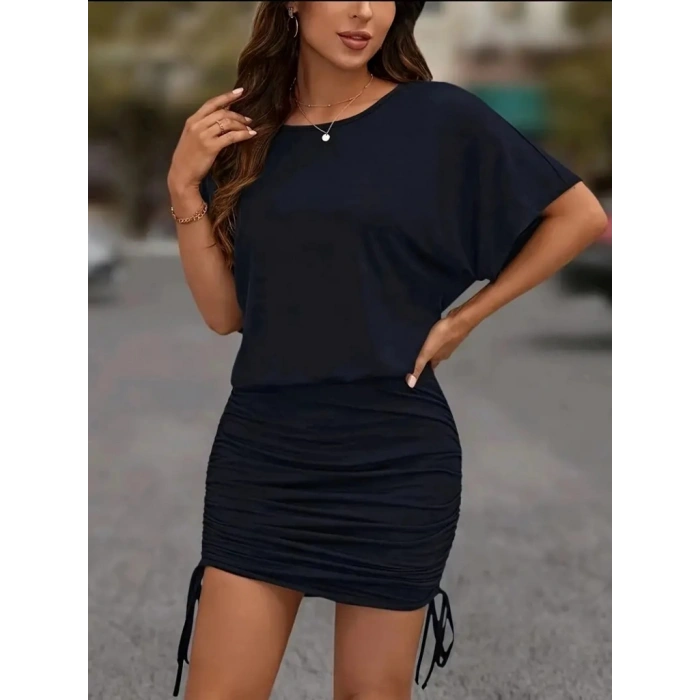 Kadın Kısa Kollu Bisiklet Yaka Yanlardan Büzgülü Kısa Viskon Elbise