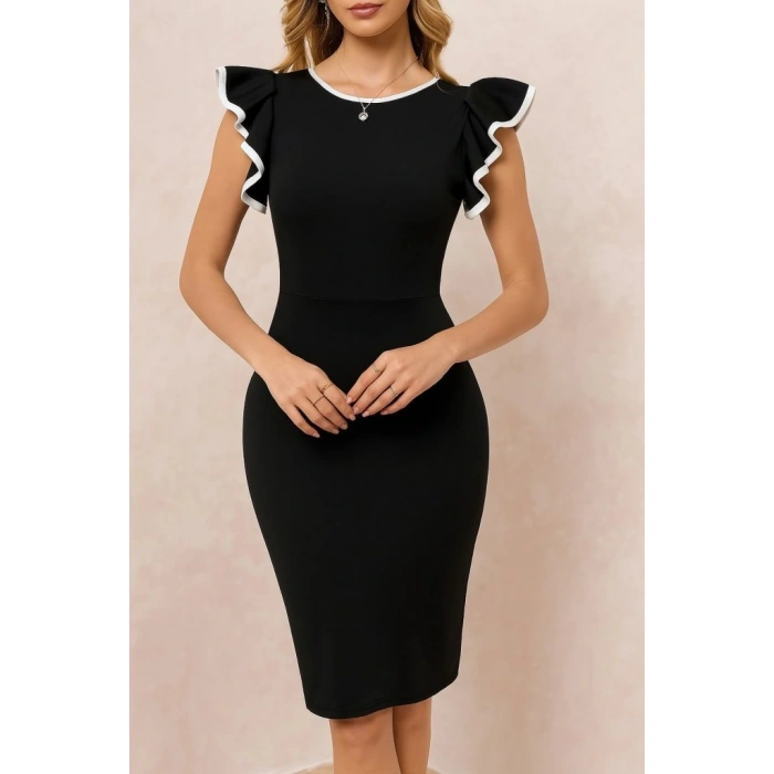 Kadın Kısa Kollu Bisiklet Yaka Yırtmaçlı Ithal Krep Elbise