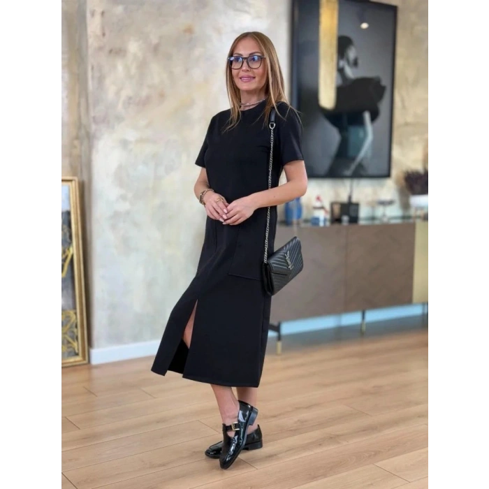 Kadın Kısa Kollu Bisiklet Yakalı Cepli önden Yırtmaçlı Viskon Iki Iplik Midi Elbise