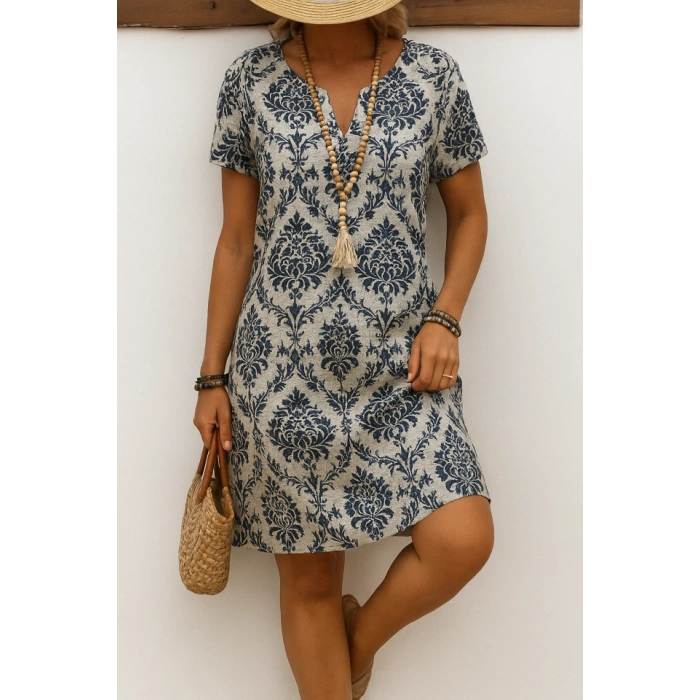 Kadın Kısa Kollu çentik Yaka çiçek Desenli Keten Elbise
