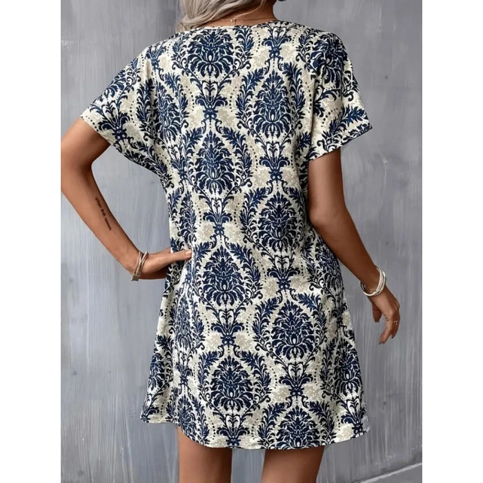 Kadın Kısa Kollu çentik Yaka çiçek Desenli Keten Elbise