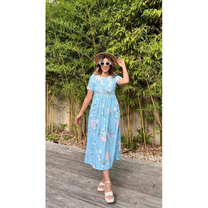 Kadın Kısa Kollu çiçek Baskı Midi Boy Süprem Elbise