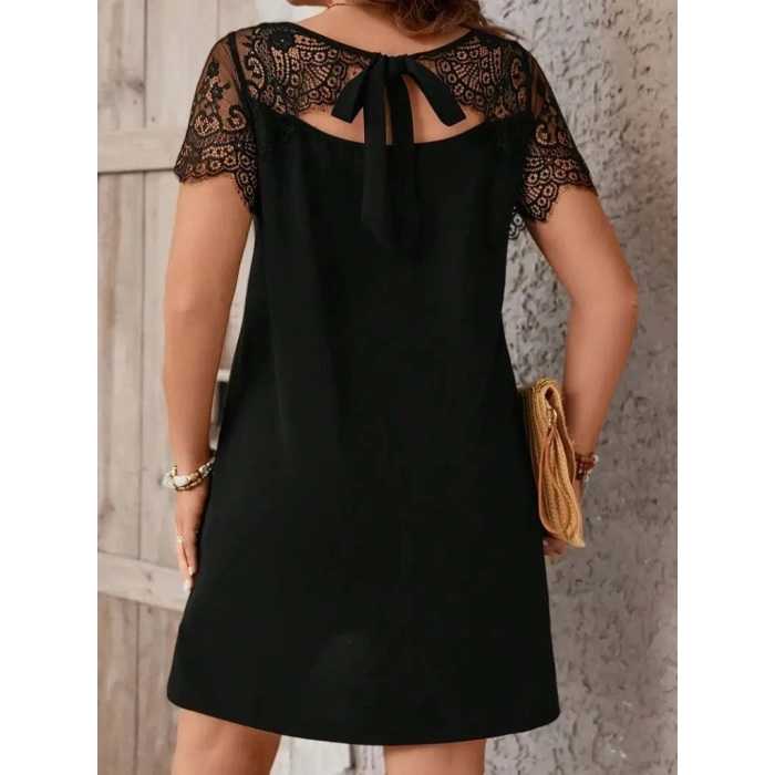 Kadın Kısa Kollu Dantel Bisiklet Yaka Ve Kol Dantel Detaylı Janjan Krep Elbise