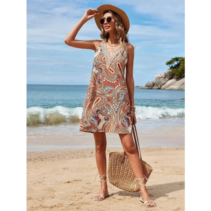 Kadın Kısa Kollu Dantel V Yakalı Desenli Süprem Elbise