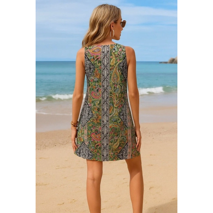 Kadın Kısa Kollu Dantel V Yakalı Desenli Süprem Elbise