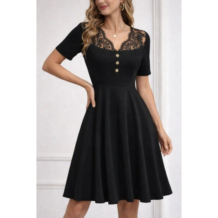 Kadın Kısa Kollu Dantel V Yakalı Düğmeli Kısa Janjan Krep Elbise