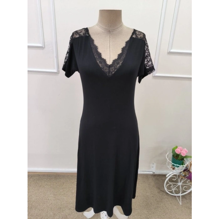 Kadın Kısa Kollu Dantel V Yakalı Midi Viskon Elbise