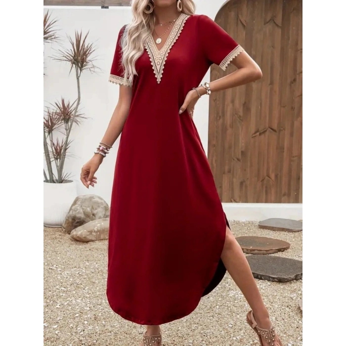 Kadın Kısa Kollu Dantel V Yakalı Uzun Viskon Elbise