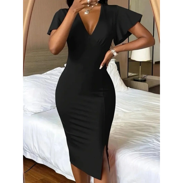 Kadın Kısa Kollu Derin Dekolte V Yakalı Yırtmaçlı Midi Janjan Krep Elbise