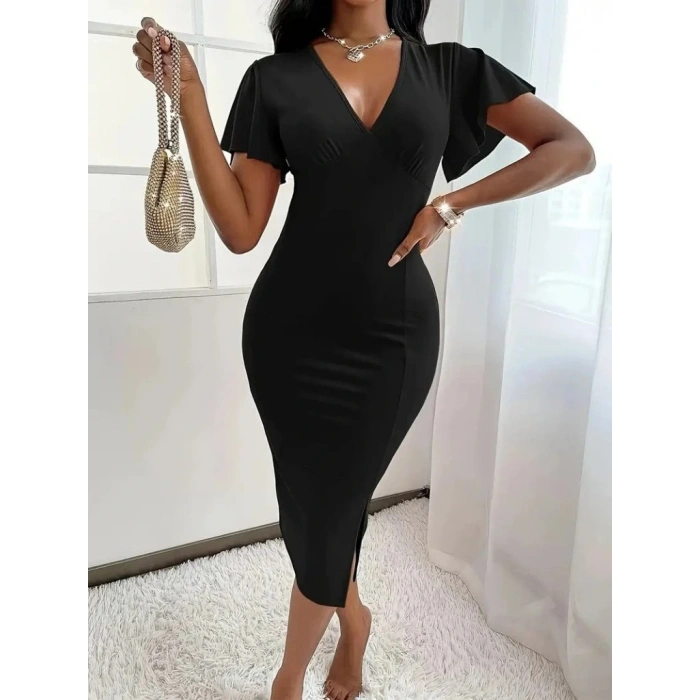 Kadın Kısa Kollu Derin Dekolte V Yakalı Yırtmaçlı Midi Janjan Krep Elbise
