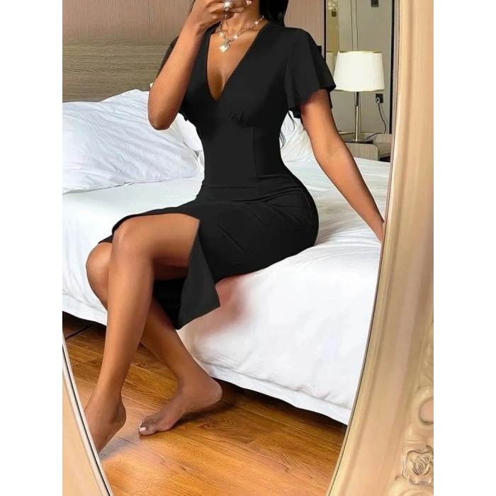 Kadın Kısa Kollu Derin Dekolte V Yakalı Yırtmaçlı Midi Janjan Krep Elbise