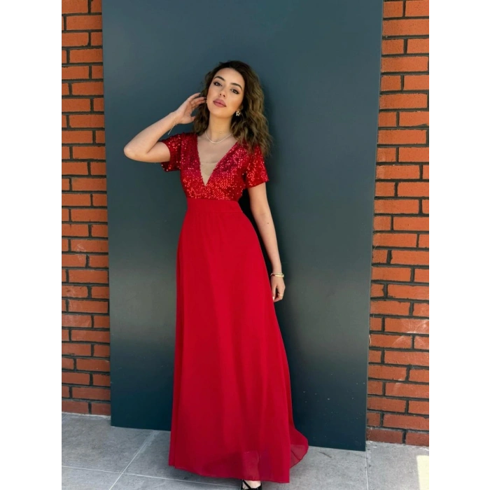 Kadın Kısa Kollu Derin V Yakalı A Kesim Pulpayet Detaylı şifon Nedime Elbisesi