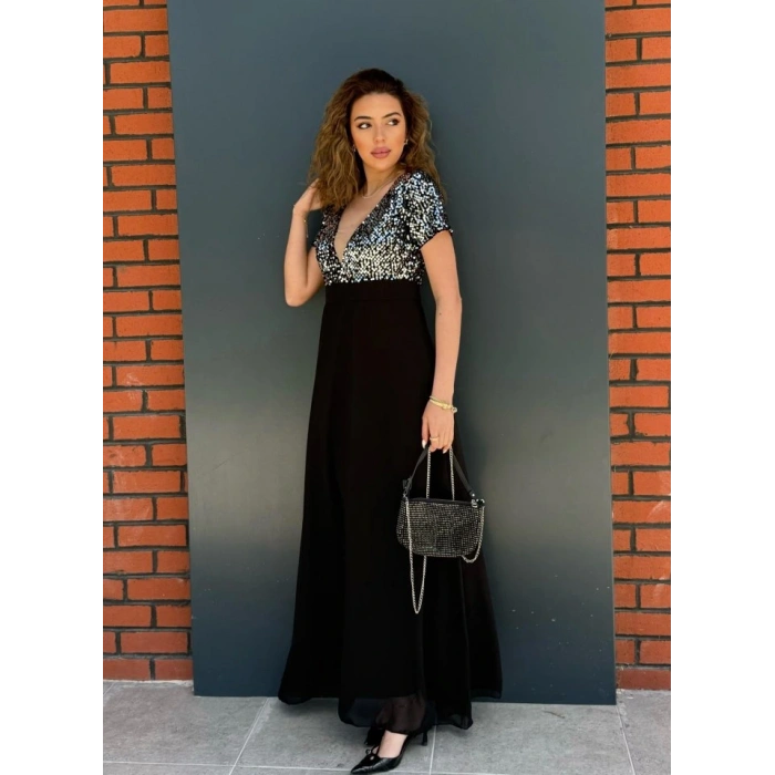 Kadın Kısa Kollu Derin V Yakalı A Kesim Pulpayet Detaylı şifon Nedime Elbisesi