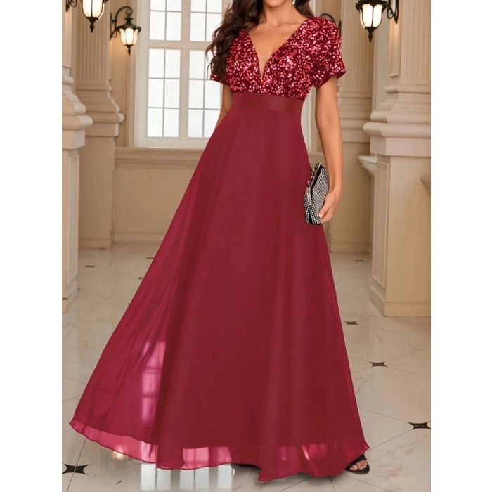 Kadın Kısa Kollu Derin V Yakalı A Kesim Pulpayet Detaylı şifon Nedime Elbisesi