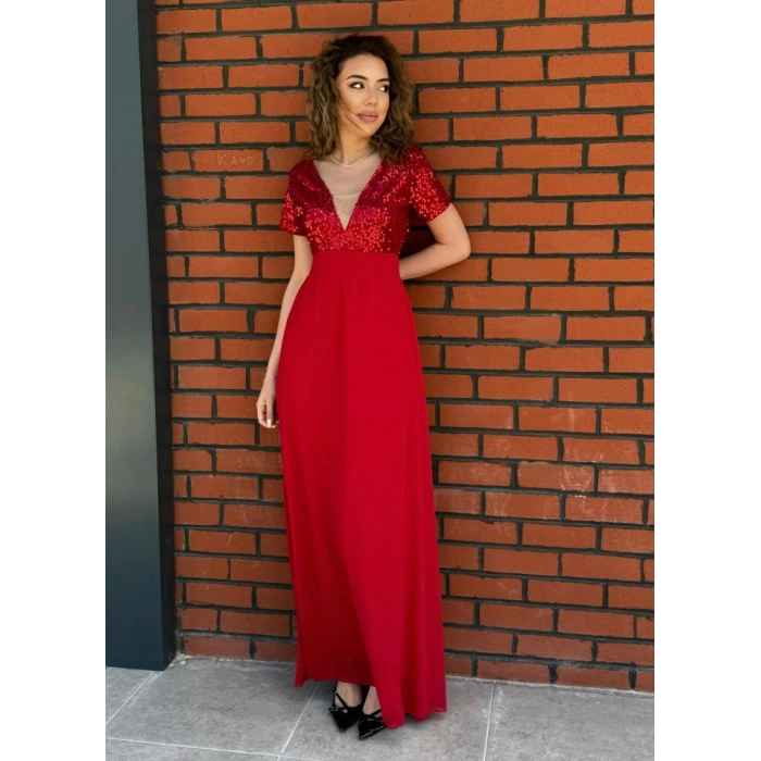 Kadın Kısa Kollu Derin V Yakalı A Kesim Pulpayet Detaylı şifon Nedime Elbisesi