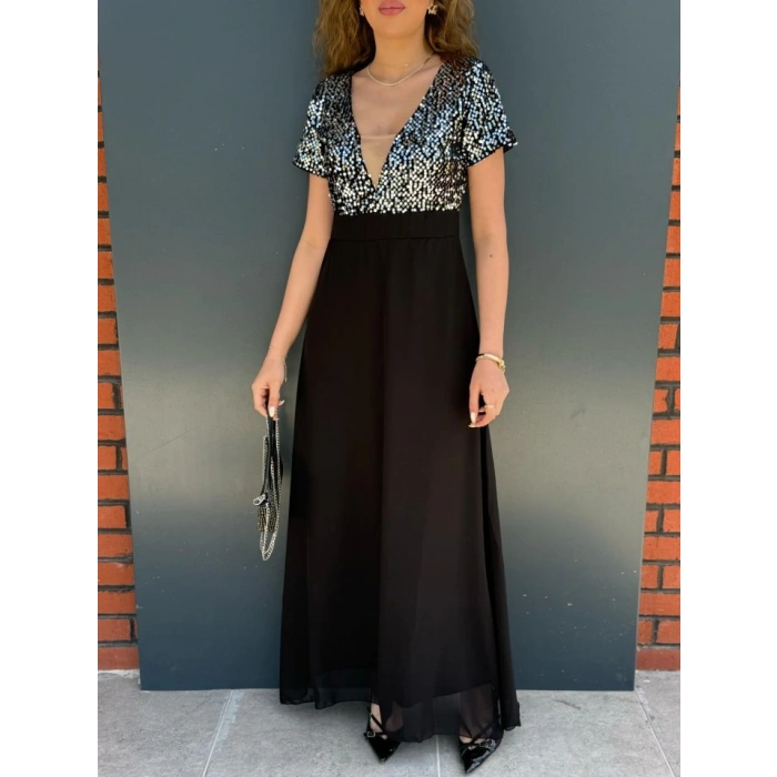 Kadın Kısa Kollu Derin V Yakalı A Kesim Pulpayet Detaylı şifon Nedime Elbisesi