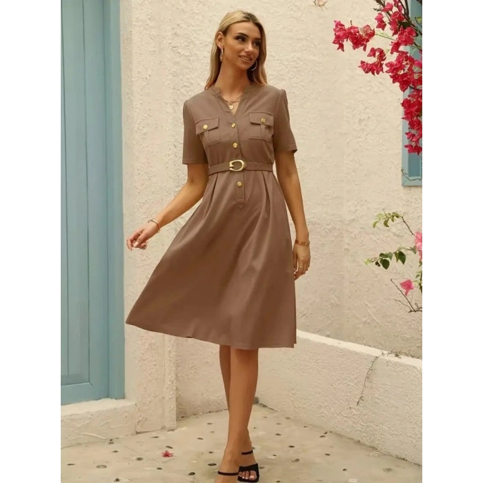 Kadın Kısa Kollu Düğmeli Ve Kemerli Atlas Elbise