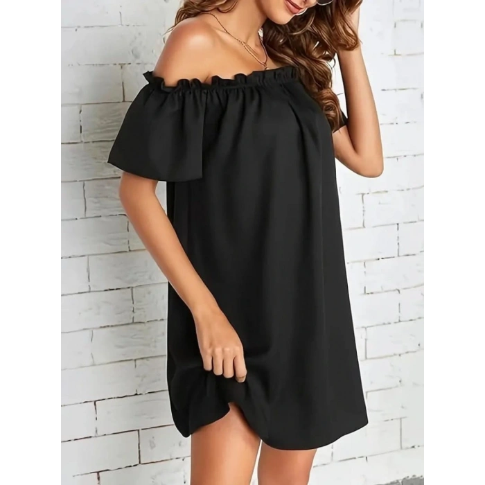 Kadın Kısa Kollu Fırfır Detay Madonna Yaka Mini Ithal Krep Elbise