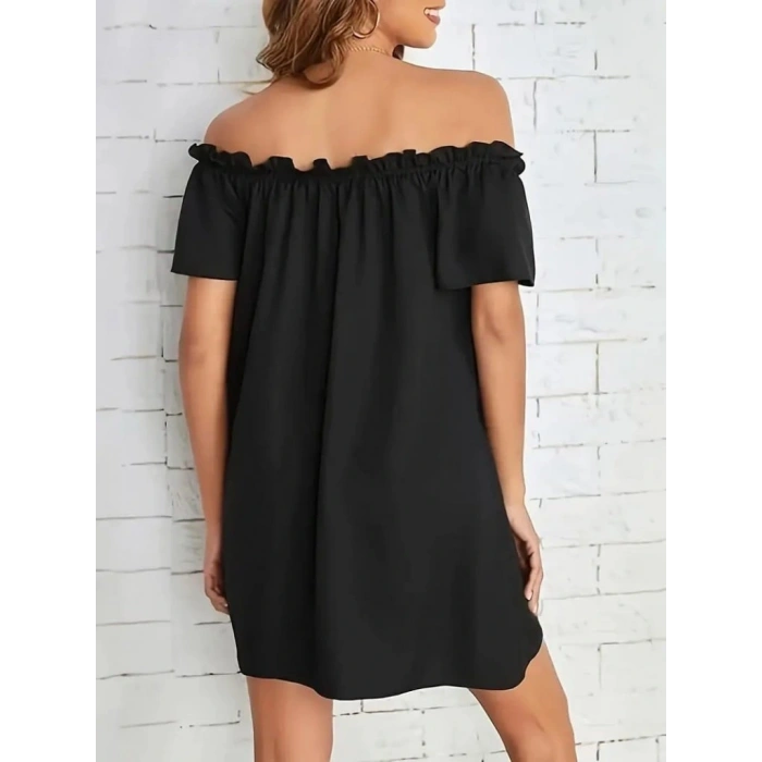 Kadın Kısa Kollu Fırfır Detay Madonna Yaka Mini Ithal Krep Elbise