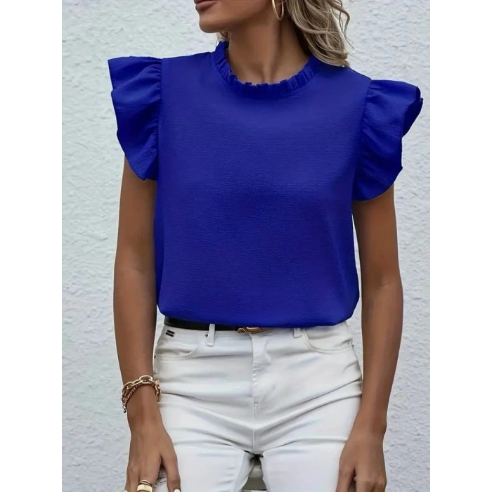 Kadın Kısa Kollu Fırfır Yakalı Bürümcük Bluz