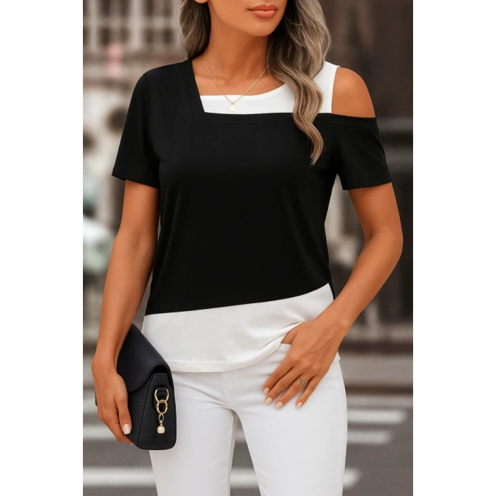 Kadın Kısa Kollu Geometrik Kesin Detaylı çift Renkli Viskon Bluz