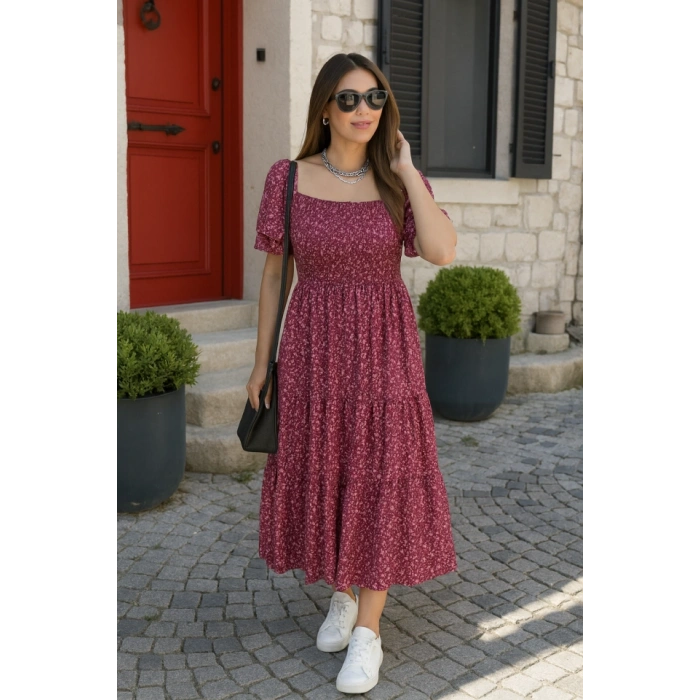 Kadın Kısa Kollu Gipe Detaylı Desenli Midi Süprem Elbise