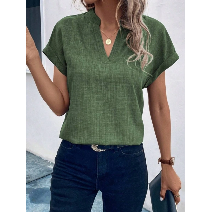Kadın Kısa Kollu Hakim Yaka Keten Bluz
