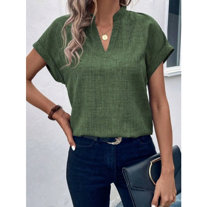Kadın Kısa Kollu Hakim Yaka Keten Bluz