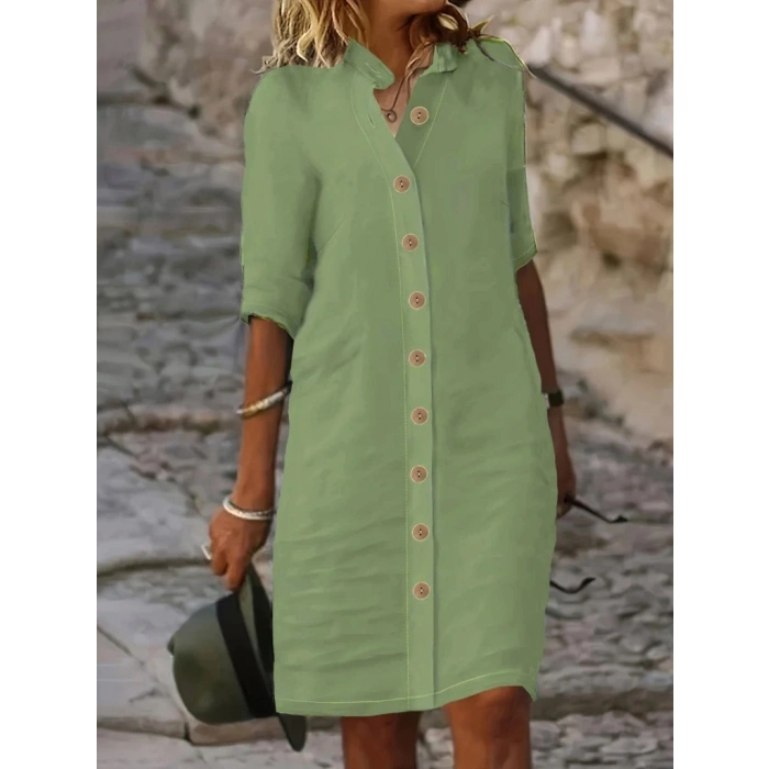 Kadın Kısa Kollu Hakim Yaka önden Düğmeli Kısa Müslim Elbise