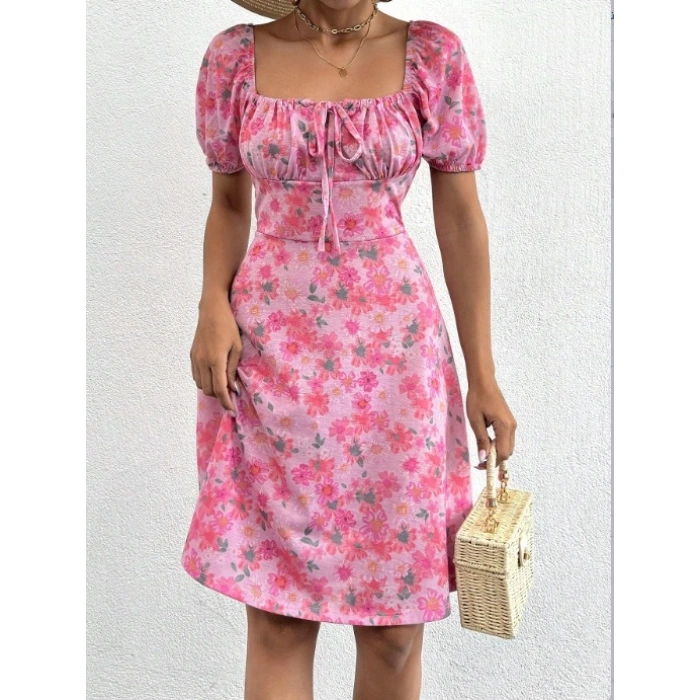 Kadın Kısa Kollu ini çiçek Baskılı Bağcık Detay üprem idi Boy Elbise