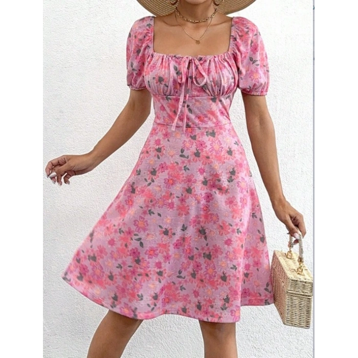 Kadın Kısa Kollu ini çiçek Baskılı Bağcık Detay üprem idi Boy Elbise