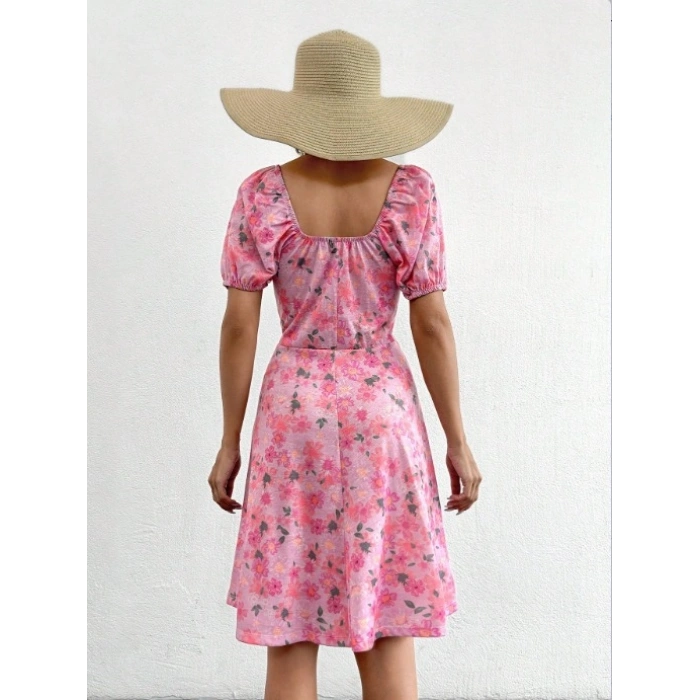 Kadın Kısa Kollu ini çiçek Baskılı Bağcık Detay üprem idi Boy Elbise