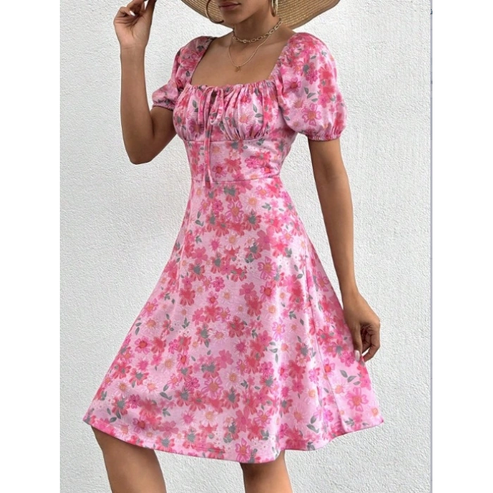 Kadın Kısa Kollu ini çiçek Baskılı Bağcık Detay üprem idi Boy Elbise