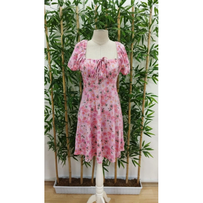 Kadın Kısa Kollu ini çiçek Baskılı Bağcık Detay üprem idi Boy Elbise